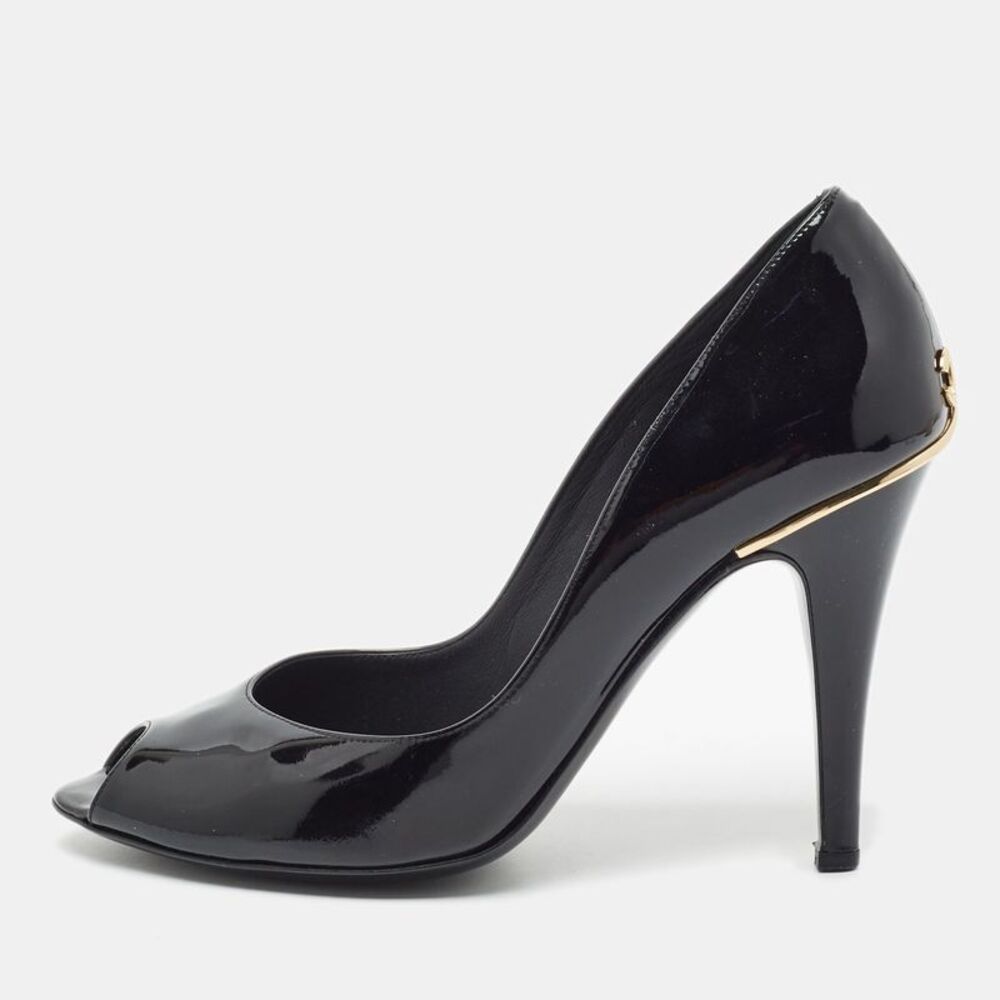 Chanel Cc Size 38 Black Patent Leather Peep Toe Pumps